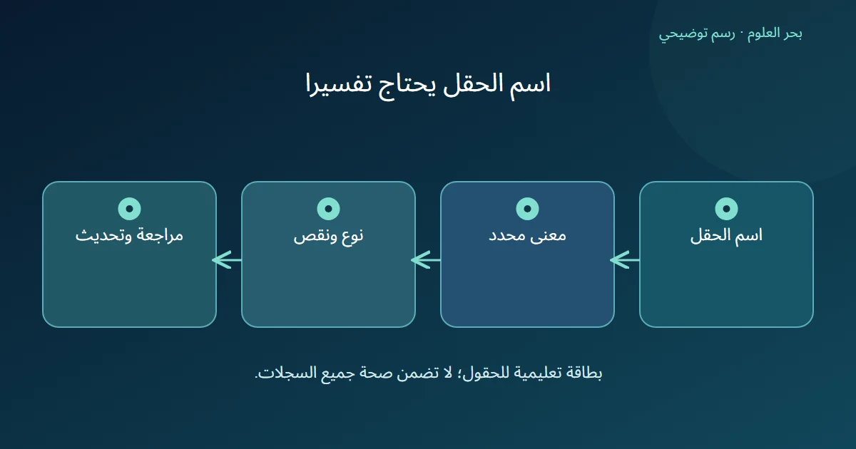 اسم الحقل يقود إلى تعريف معناه ثم نوعه والقيمة الناقصة، ويخضع بعد ذلك للمراجعة والتحديث