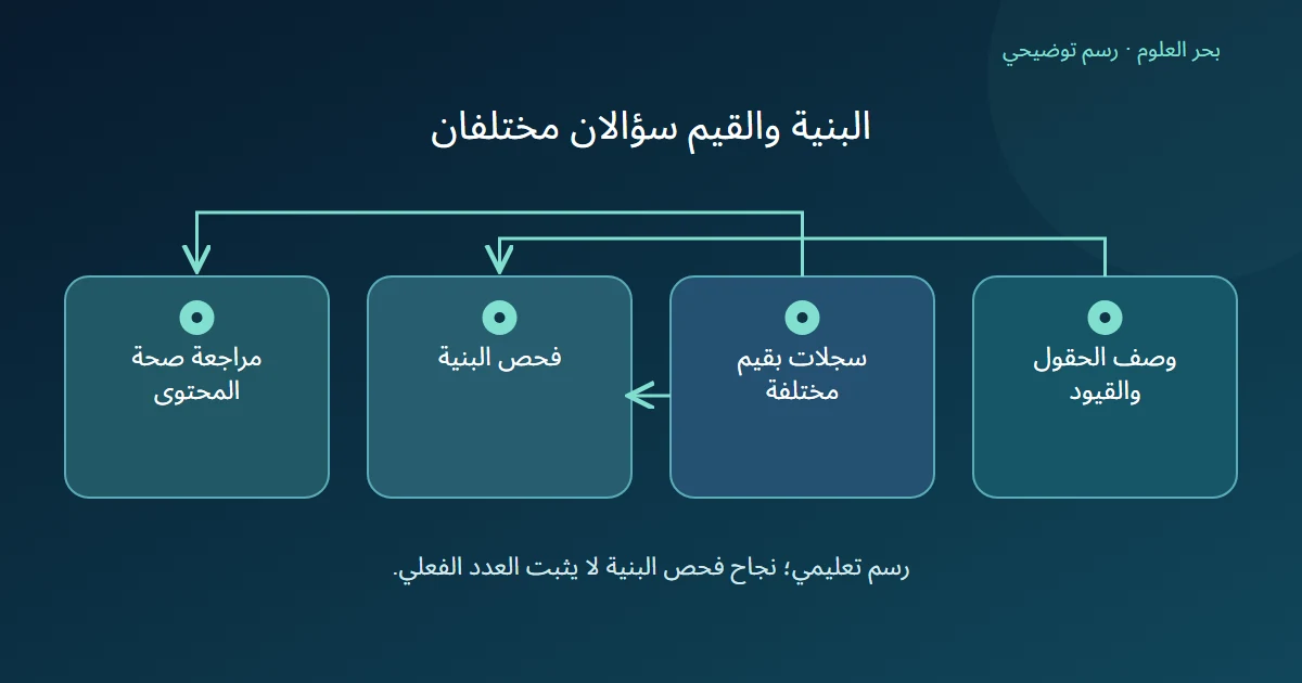 وصف الحقول وسجلات القيم يدخلان في فحص البنية، وتحتاج صحة محتوى السجلات إلى مراجعة أخرى