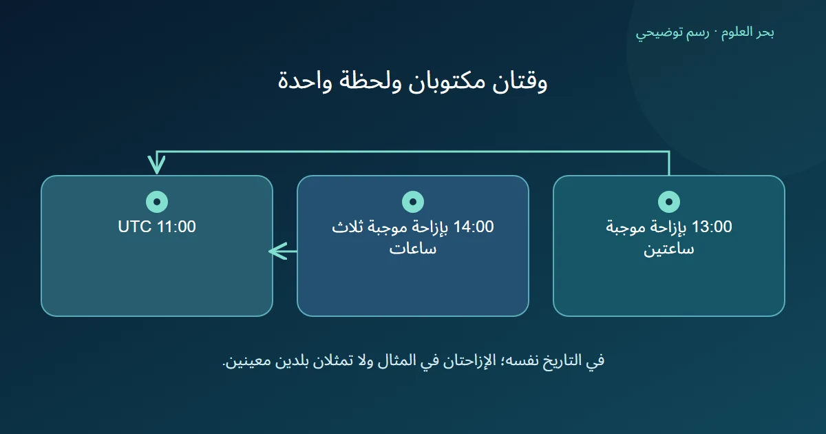 الوقت 13:00 مع إزاحة ساعتين والوقت 14:00 مع إزاحة ثلاث ساعات يتحولان إلى 11:00 UTC في التاريخ نفسه