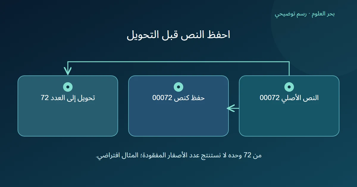 النص 00072 يبقى كما هو عند حفظه نصا، بينما يتحول إلى العدد 72 في مسار عددي يفقد شكل الأصفار