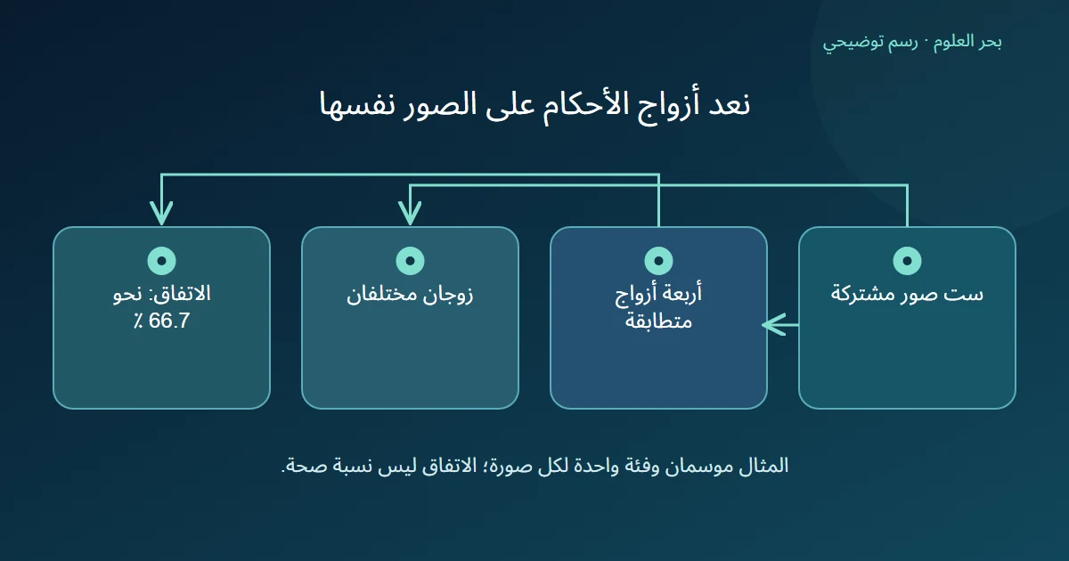 ست صور مشتركة تتفرع إلى أربعة أزواج أحكام متطابقة وزوجين مختلفين، وتنتج نسبة اتفاق نحو ستة وستين فاصل سبعة بالمئة