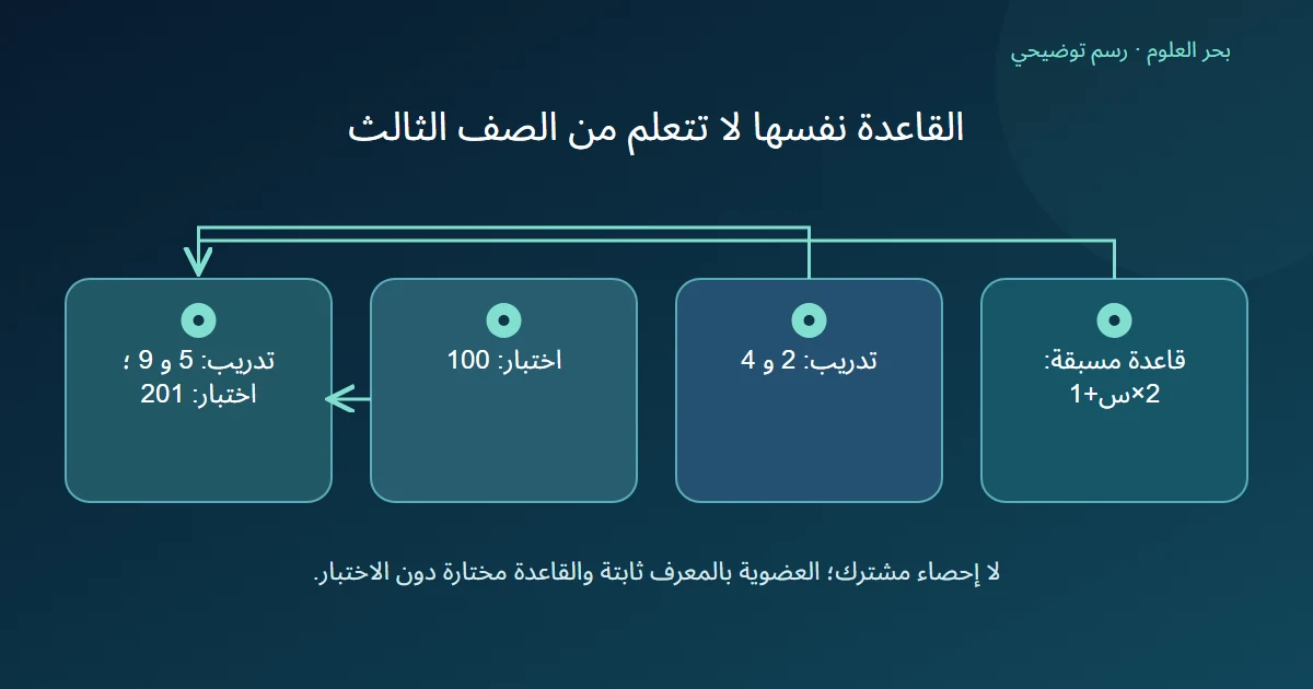 قاعدة حساب محددة مسبقا تحول قيم التدريب اثنين وأربعة إلى خمسة وتسعة وقيمة الاختبار مئة إلى مئتين وواحد دون إحصاء يجمع الصفوف