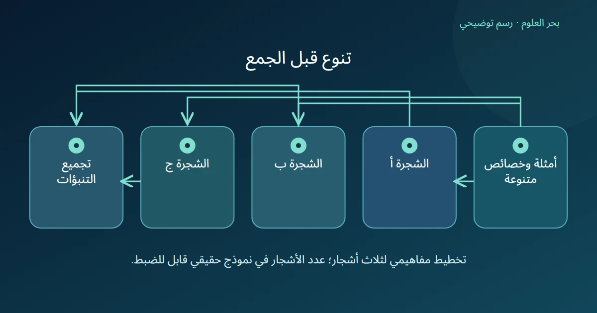 توزيع أمثلة وخصائص مختلفة على ثلاث أشجار تتجه تنبؤاتها إلى خطوة تجميع واحدة