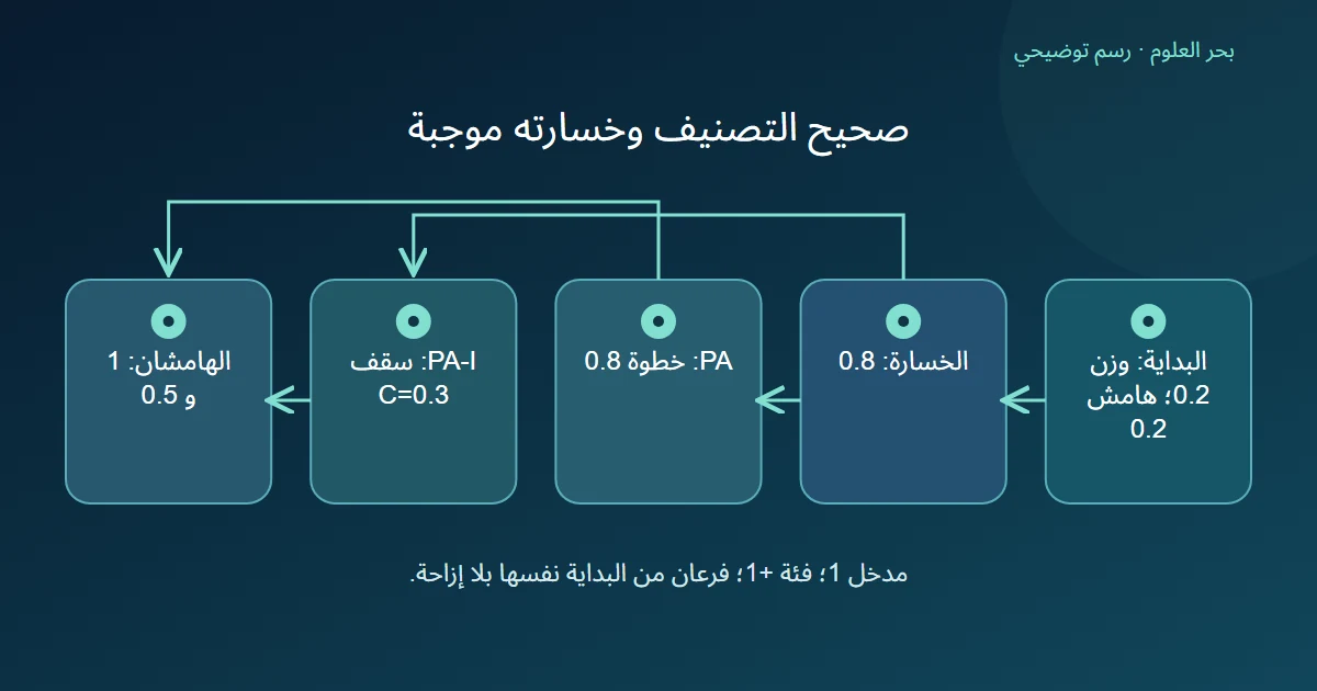 فرعان لتحديث مثال صحيح التصنيف من هامش 0.2 إلى 1 مع PA أو 0.5 مع PA-I