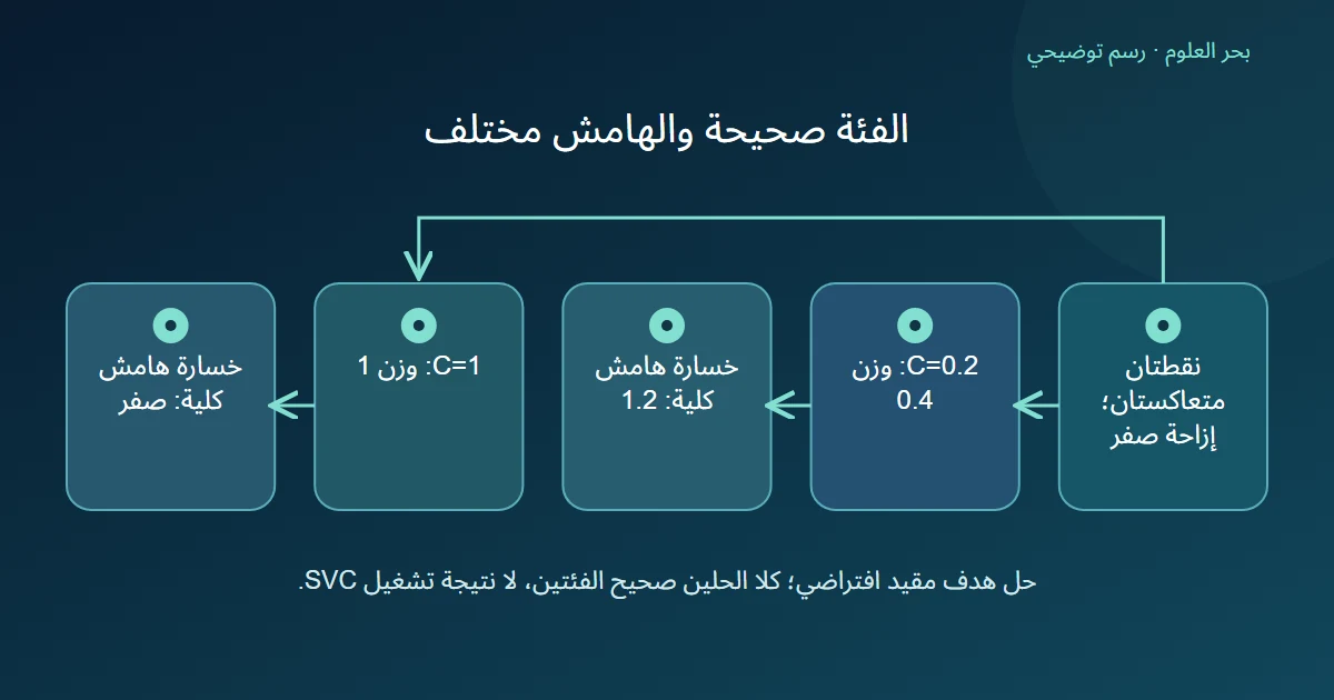 فرعان لقيمة C في مسألة نقطتين، يعطي الأول وزنًا 0.4 وخسارةهامش 1.2 والثاني وزنًا 1 وخسارةصفر