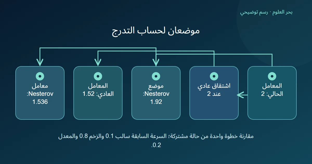 فرعان من معامل ابتدائي واحد يوضحان اختلاف موضع الاشتقاق وناتج خطوتي الزخم العادي وNesterov