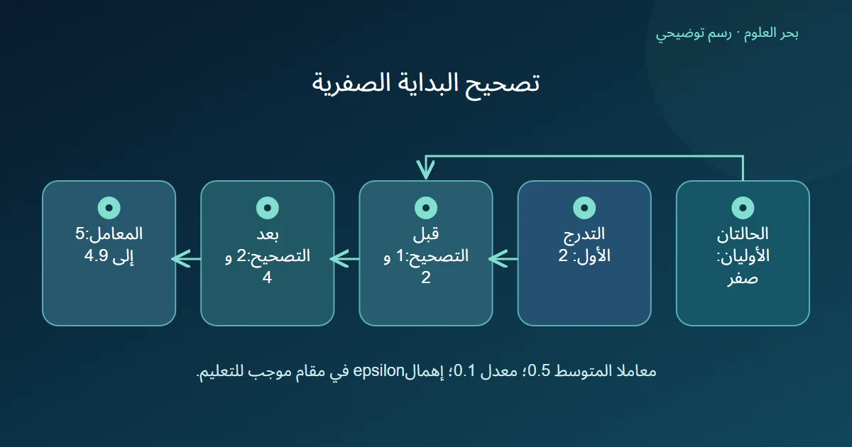 مخطط يوضح حالتي آدم قبل تصحيح الخطوة الأولى وبعده ثم قيمة المعامل