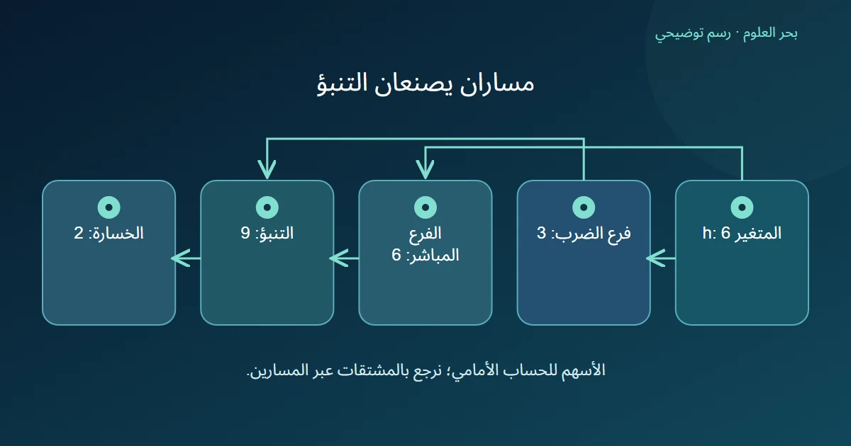 متغير ستة يتفرع إلى قيمة ضرب ثلاثة وقيمة مباشرة ستة فتجتمعان في تنبؤ تسعة ثم خسارة اثنين