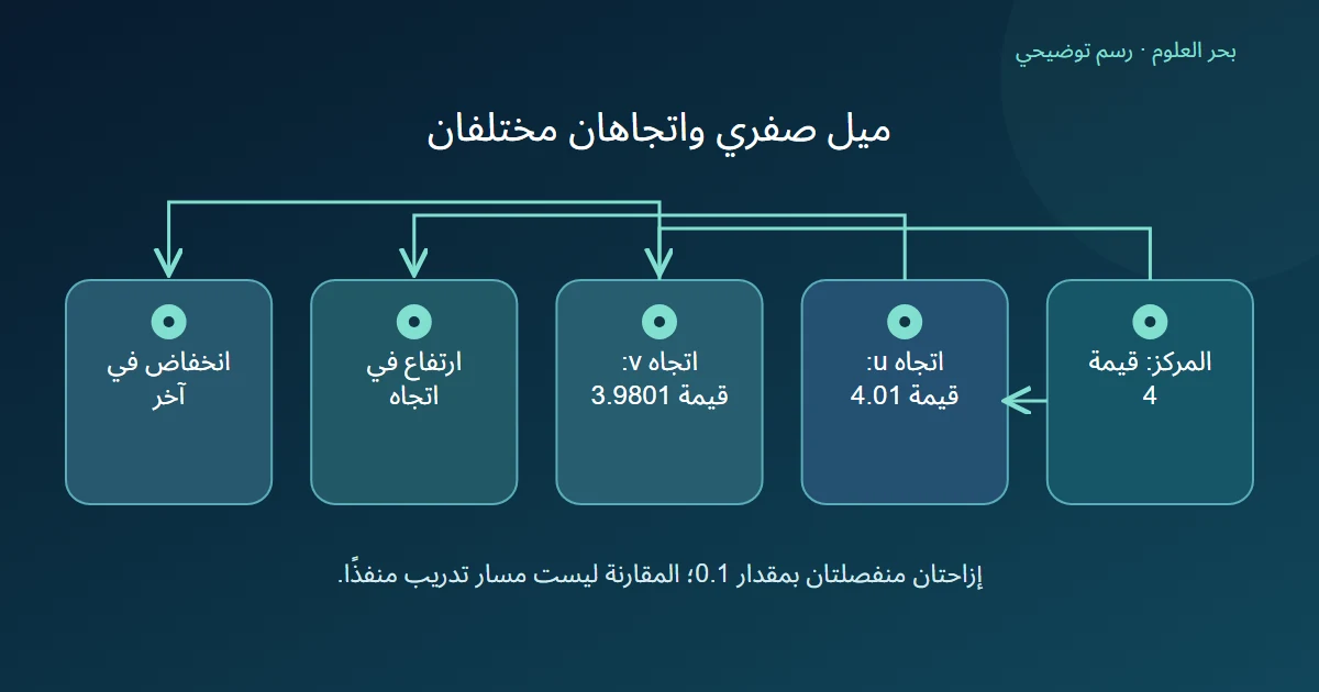 مركز ذو قيمة أربعة يتفرع إلى اتجاه ترتفع قيمته واتجاه تنخفض قيمته رغم انعدام التدرج عند المركز