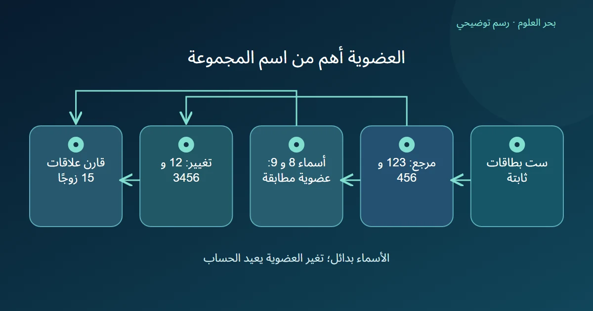 المجموعة المرجعية تتفرع إلى تبديل أسماء دون تغيير عضوية وإلى تقسيم جديد ثم مقارنة الأزواج