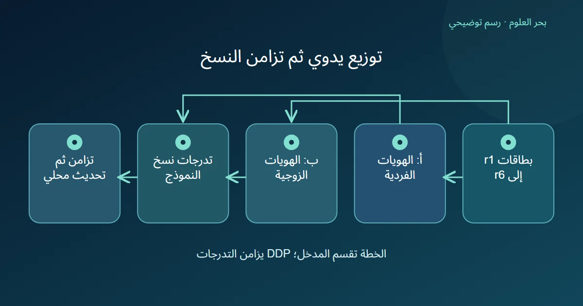 قائمة ست بطاقات تتوزع يدويًا إلى الفردية والزوجية لعمليتين، ثم يبين المخطط تزامن تدرجات نسختي النموذج قبل التحديث المحلي