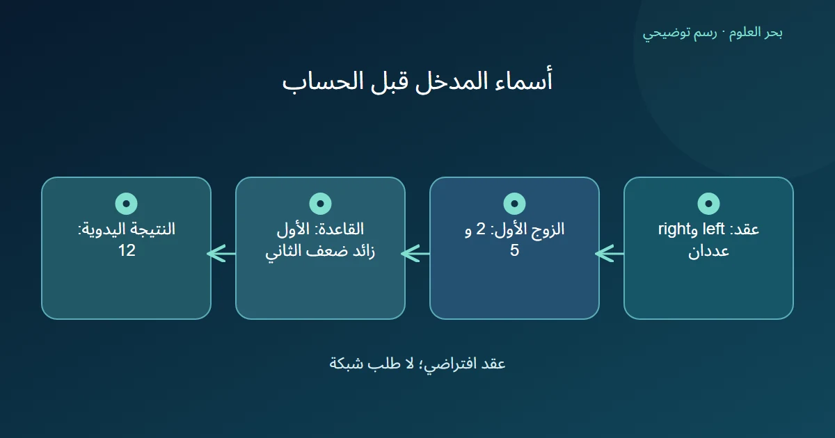 أربع بطاقات تربط شرط المدخلين العدديين بالزوج 2 و 5 ثم قاعدة جمع الأول مع ضعف الثاني فالنتيجة 12