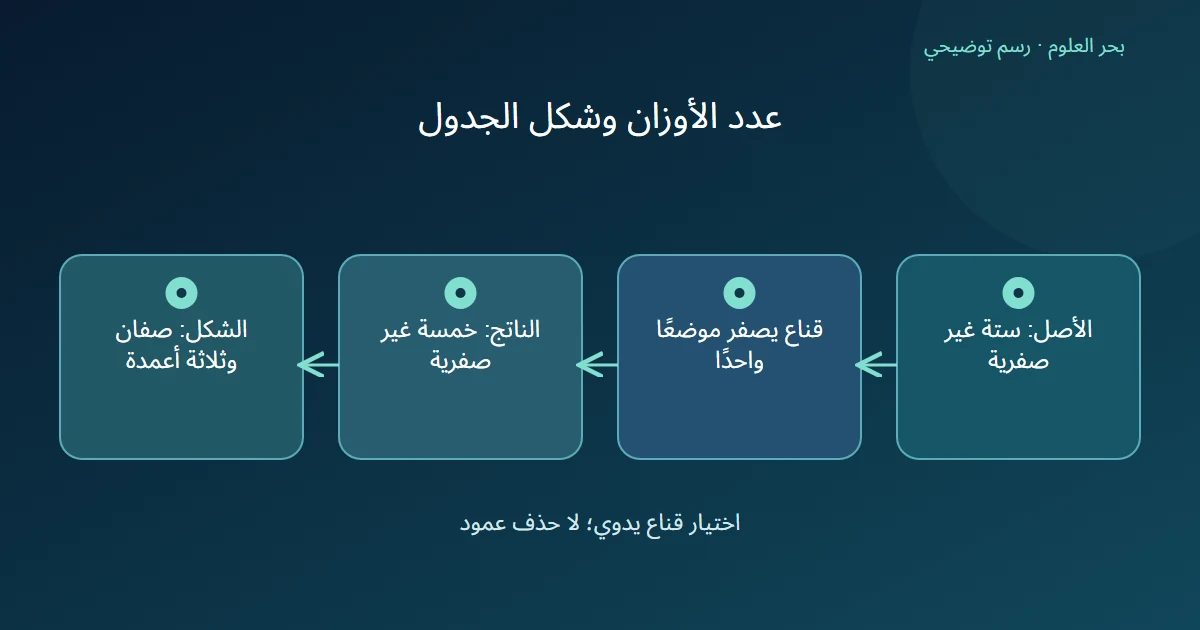 تصفير موضع واحد من ستة في مصفوفة مؤلفة يبقي شكلها صفين وثلاثة أعمدة ويخفض عدد غير الأصفار إلى خمسة