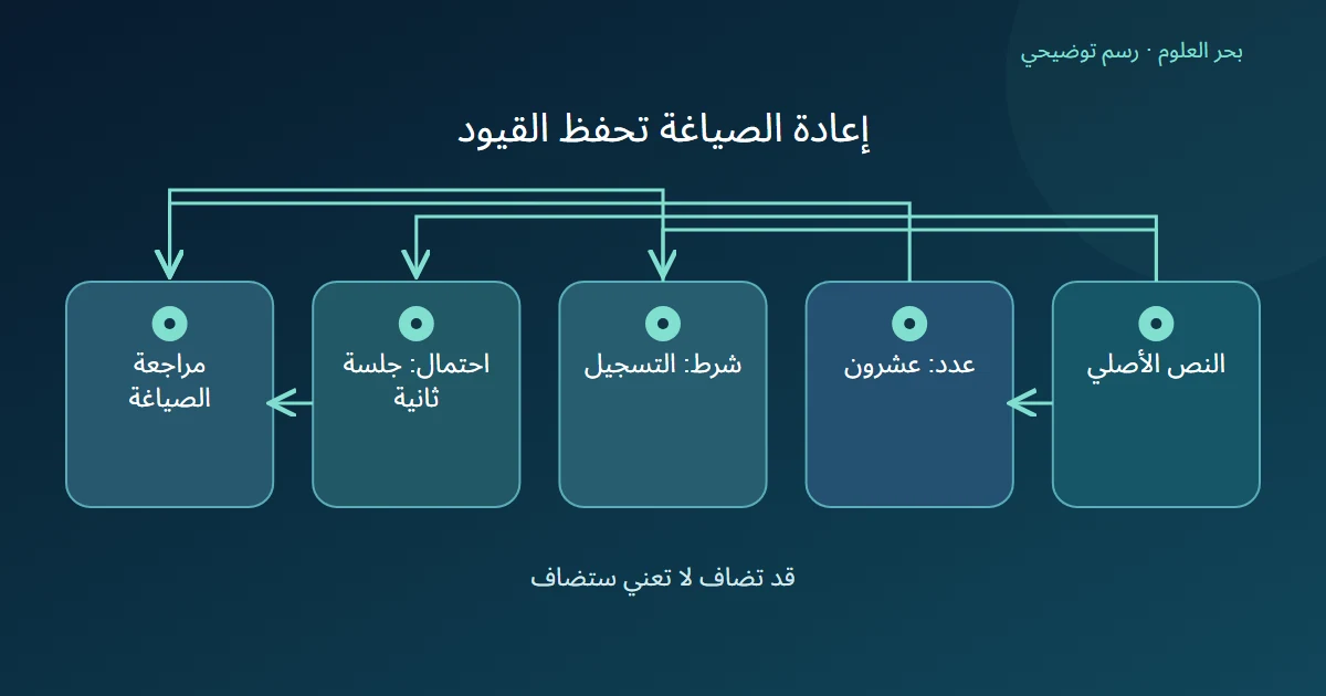 نص أصلي تتفرع منه ثلاثة قيود هي العدد وشرط التسجيل واحتمال جلسة ثانية ثم مراجعة إعادة الصياغة