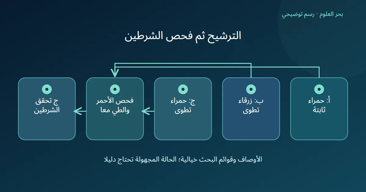 مخطط يعرض ثلاثة مرشحين ثم فحص الشرطين في كل عنصر واختيار ج في المثال
