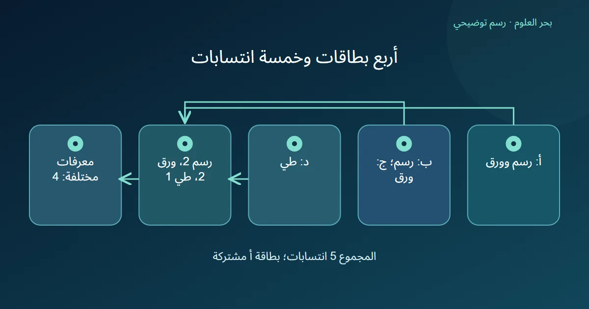 وسوم أربع بطاقات تقود إلى خمسة انتسابات ثم تنبيه أن المعرفات المختلفة أربعة