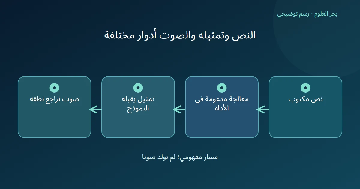 مخطط يمر بالنص ومعالجة الأداة وتمثيل النموذج ثم الصوت المطلوب مراجعته