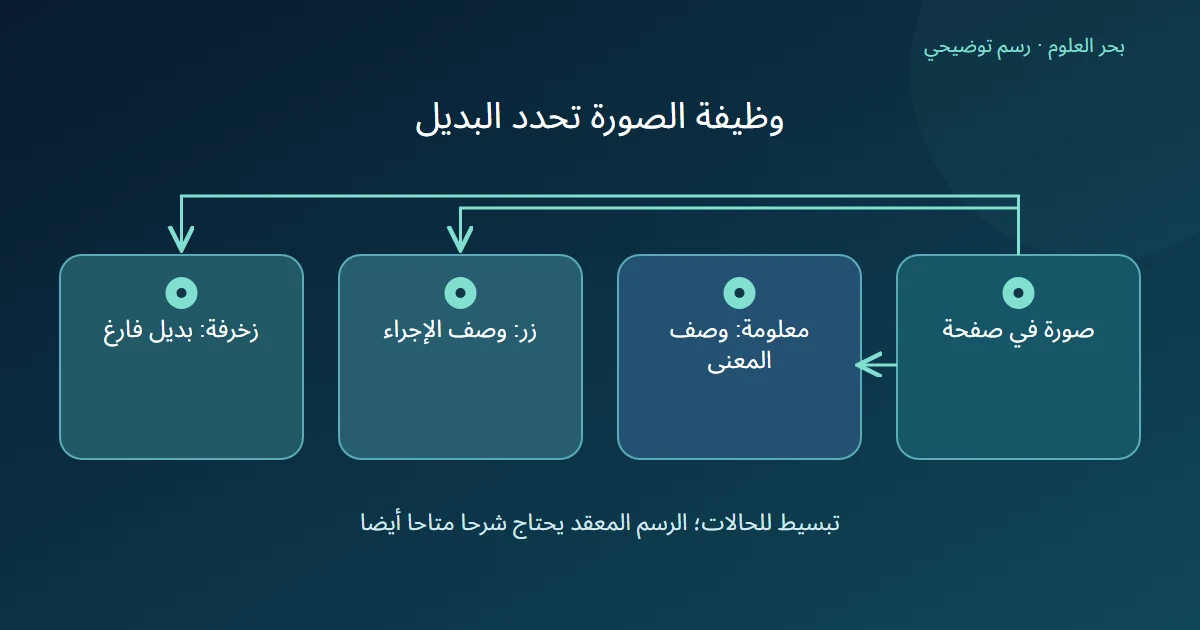مخطط يتفرع من صورة إلى ثلاث وظائف: معلوماتية تحتاج وصف معنى، ووظيفية تحتاج وصف إجراء، وزخرفية ذات نص بديل فارغ