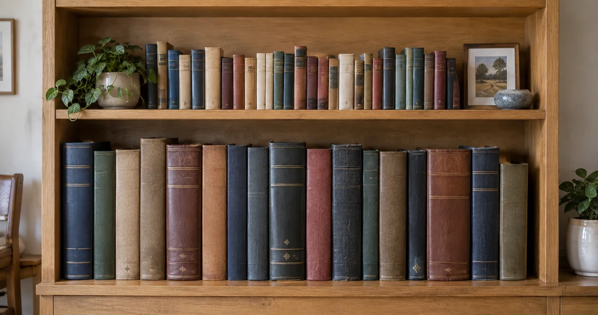كتب كبيرة على الرف السفلي وكتب صغيرة على الرف العلوي.
