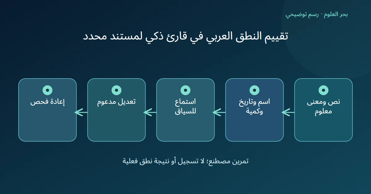 رسم توضيحي: نص ومعنى معلوم؛ اسم وتاريخ وكمية؛ استماع للسياق؛ تعديل مدعوم؛ إعادة فحص