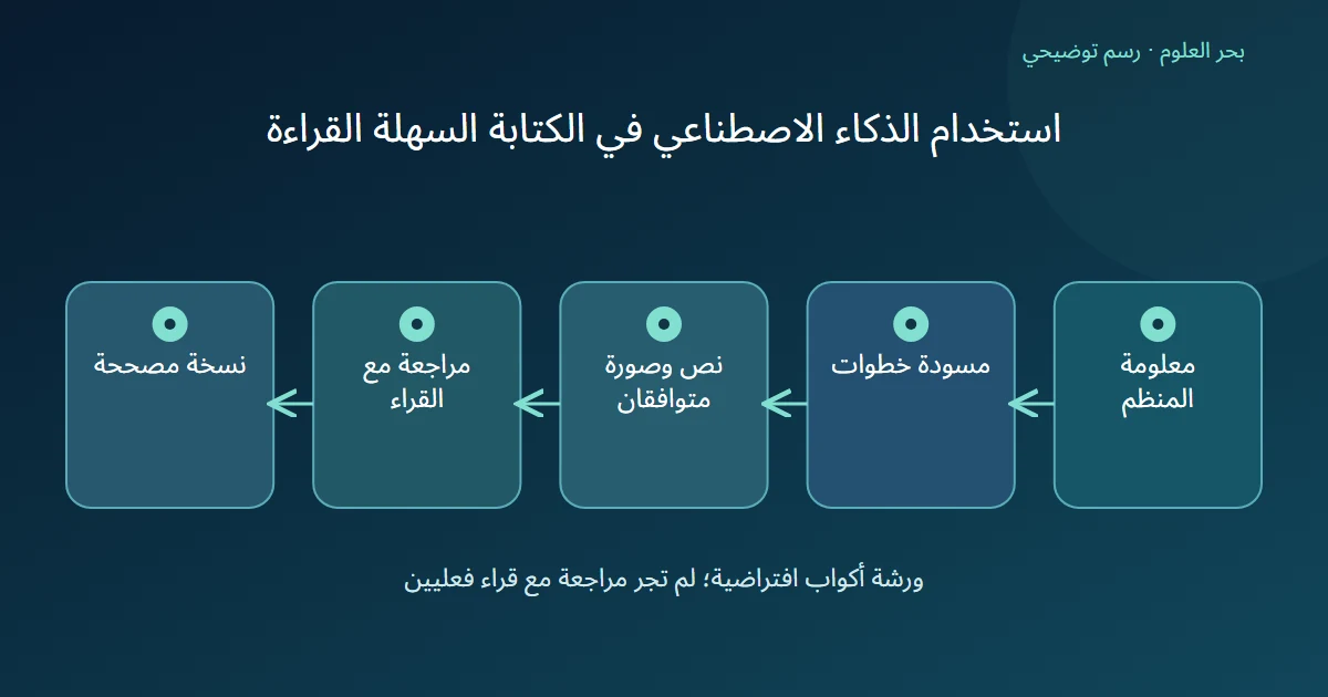 رسم توضيحي: معلومة المنظم؛ مسودة خطوات؛ نص وصورة متوافقان؛ مراجعة مع القراء؛ نسخة مصححة