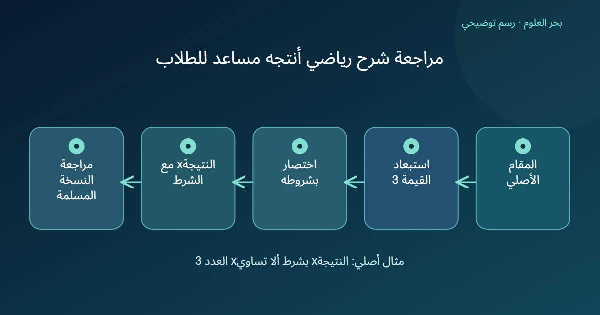 رسم توضيحي: المقام الأصلي؛ استبعاد القيمة 3؛ اختصار بشروطه؛ النتيجةx مع الشرط؛ مراجعة النسخة المسلمة