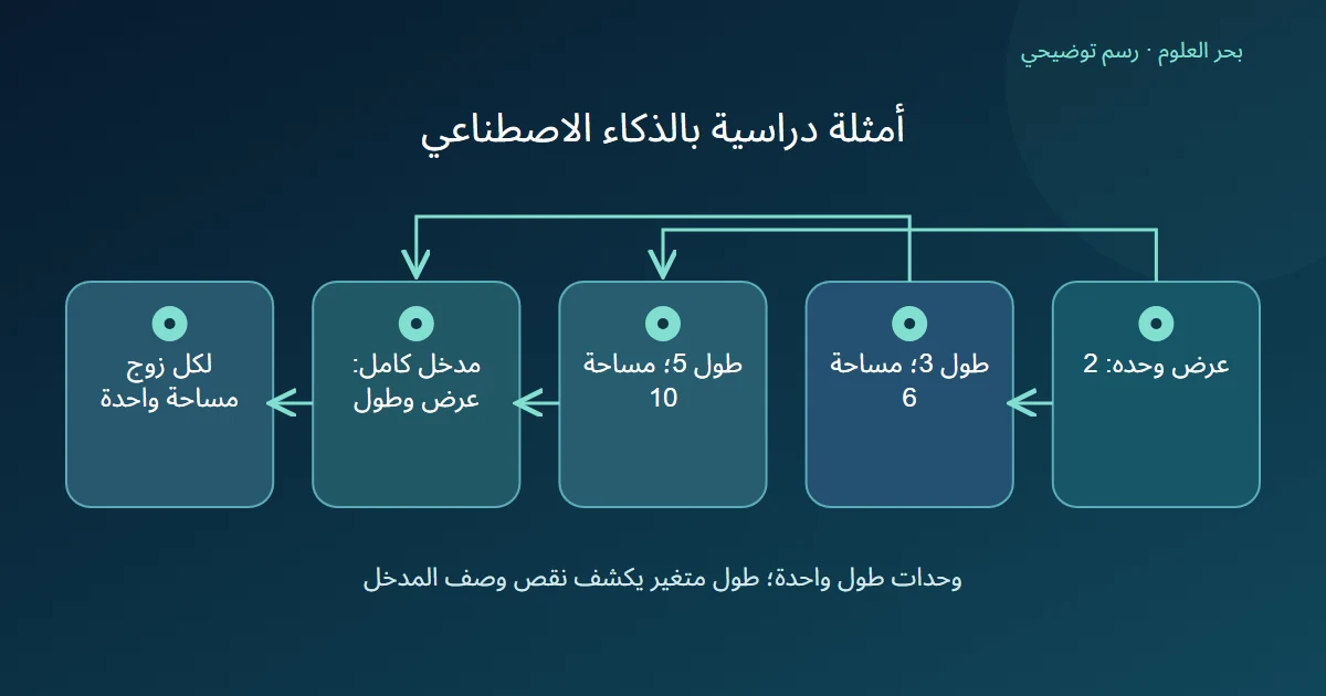رسم توضيحي: عرض وحده: 2؛ طول 3؛ مساحة 6؛ طول 5؛ مساحة 10؛ مدخل كامل: عرض وطول؛ لكل زوج مساحة واحدة
