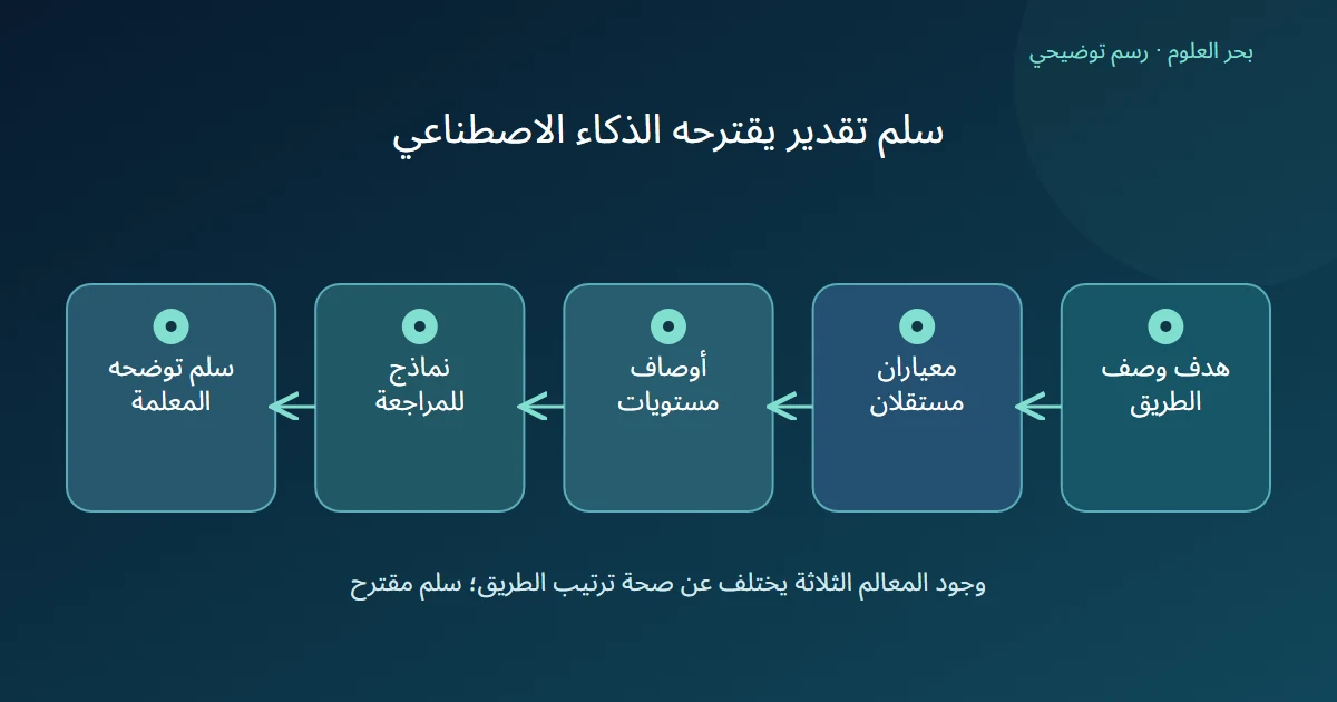رسم توضيحي: هدف وصف الطريق؛ معياران مستقلان؛ أوصاف مستويات؛ نماذج للمراجعة؛ سلم توضحه المعلمة