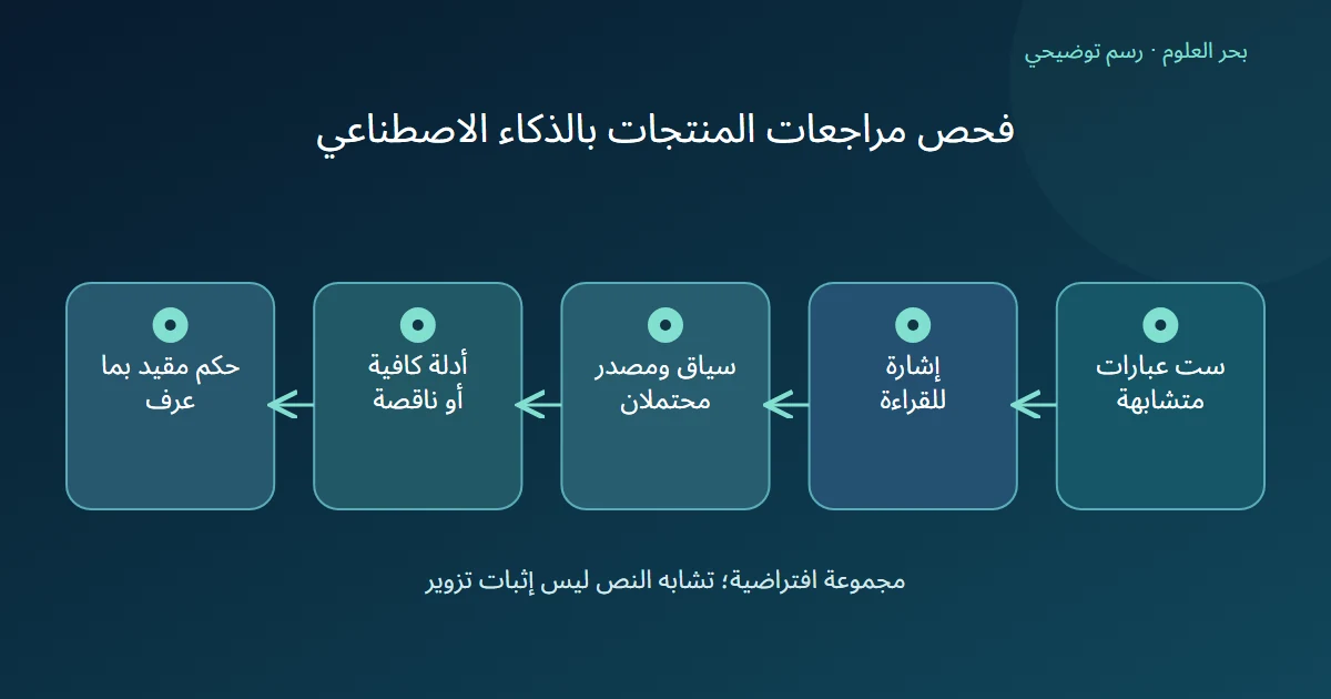 رسم توضيحي: ست عبارات متشابهة؛ إشارة للقراءة؛ سياق ومصدر محتملان؛ أدلة كافية أو ناقصة؛ حكم مقيد بما عرف
