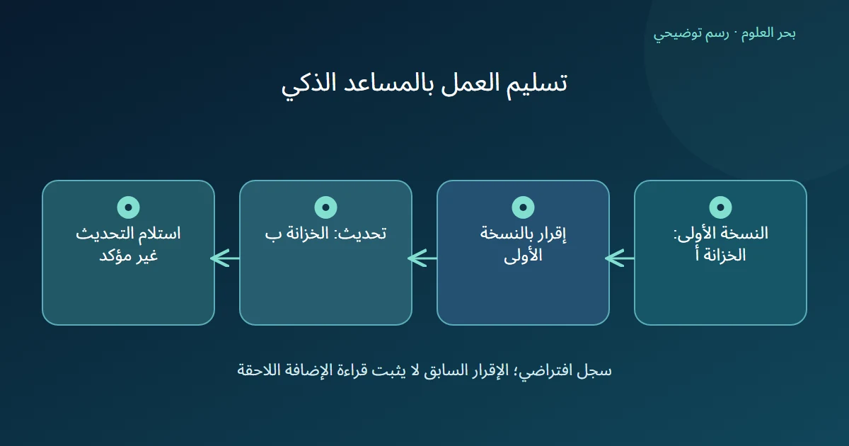 رسم توضيحي: النسخة الأولى: الخزانة أ؛ إقرار بالنسخة الأولى؛ تحديث: الخزانة ب؛ استلام التحديث غير مؤكد