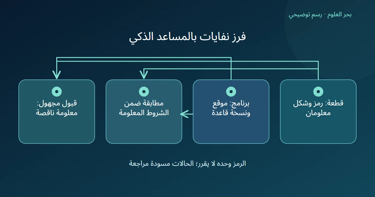 رسم توضيحي: قطعة: رمز وشكل معلومان؛ برنامج: موقع ونسخة قاعدة؛ مطابقة ضمن الشروط المعلومة؛ قبول مجهول: معلومة ناقصة