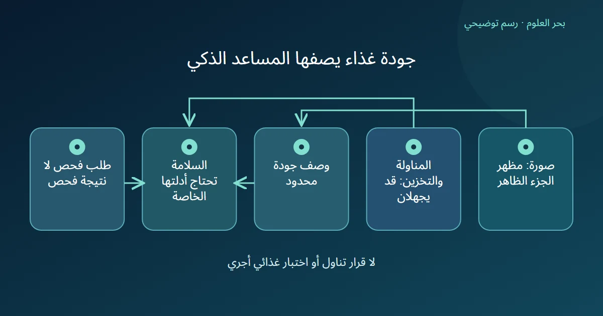 رسم توضيحي: صورة: مظهر الجزء الظاهر؛ المناولة والتخزين: قد يجهلان؛ وصف جودة محدود؛ السلامة تحتاج أدلتها الخاصة؛ طلب فحص لا نتيجة فحص