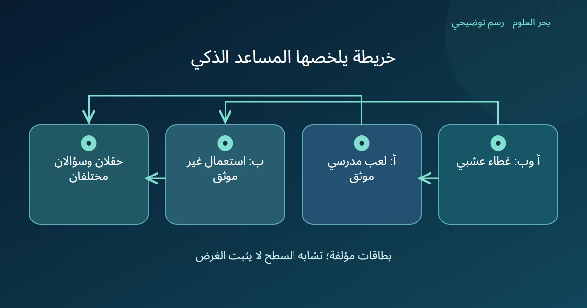 رسم توضيحي: أ وب: غطاء عشبي؛ أ: لعب مدرسي موثق؛ ب: استعمال غير موثق؛ حقلان وسؤالان مختلفان
