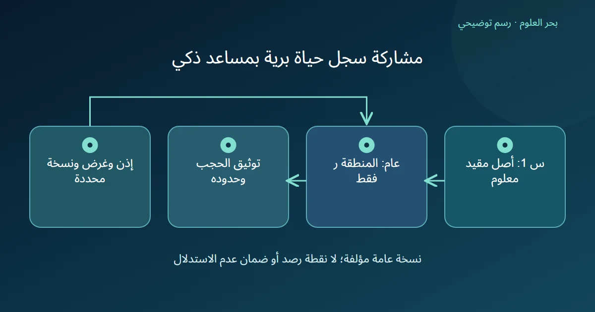 رسم توضيحي: س 1: أصل مقيد معلوم؛ عام: المنطقة ر فقط؛ توثيق الحجب وحدوده؛ إذن وغرض ونسخة محددة