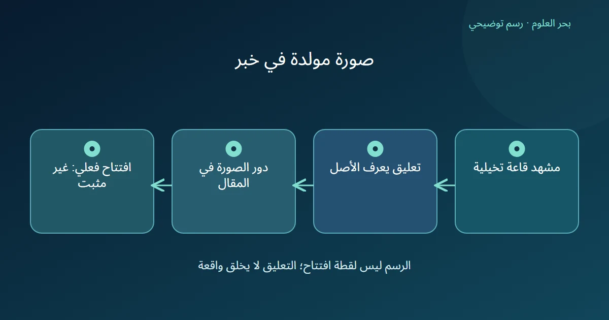 رسم توضيحي: مشهد قاعة تخيلية؛ تعليق يعرف الأصل؛ دور الصورة في المقال؛ افتتاح فعلي: غير مثبت