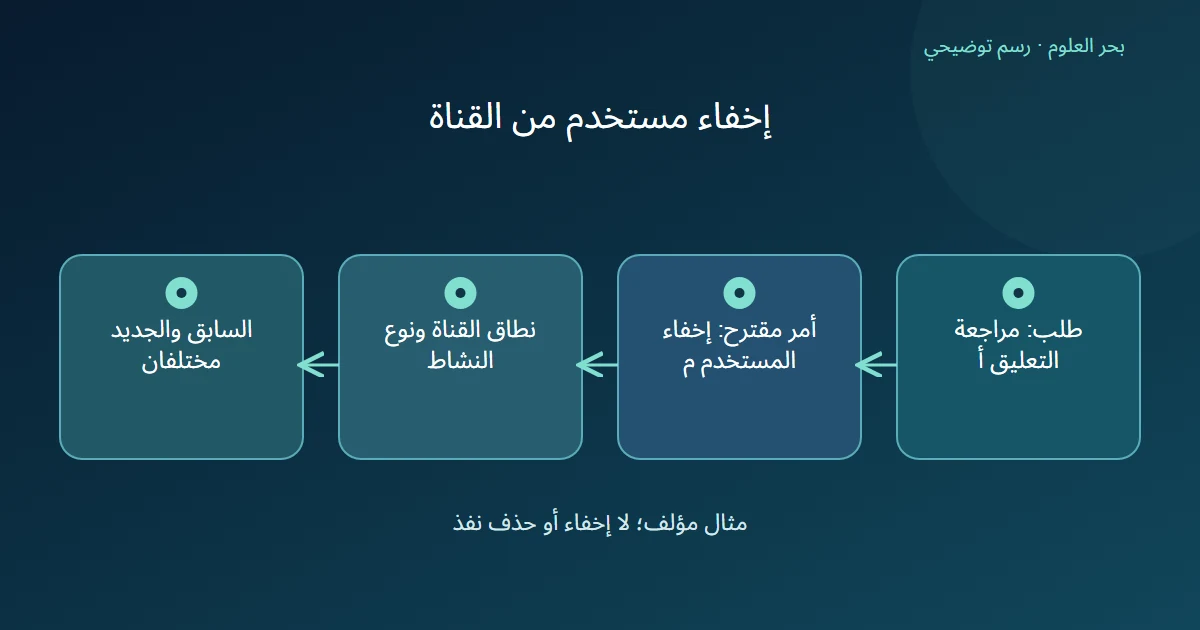رسم توضيحي: طلب: مراجعة التعليق أ؛ أمر مقترح: إخفاء المستخدم م؛ نطاق القناة ونوع النشاط؛ السابق والجديد مختلفان