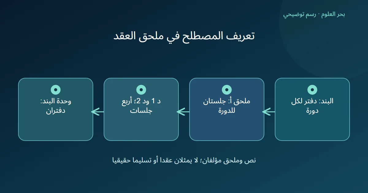 رسم توضيحي: البند: دفتر لكل دورة؛ ملحق أ: جلستان للدورة؛ د 1 ود 2؛ أربع جلسات؛ وحدة البند: دفتران