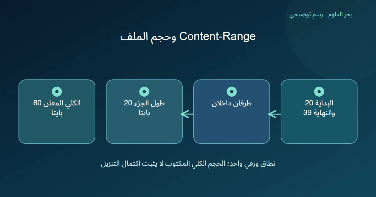 رسم توضيحي: البداية 20 والنهاية 39؛ طرفان داخلان؛ طول الجزء 20 بايتا؛ الكلي المعلن 80 بايتا