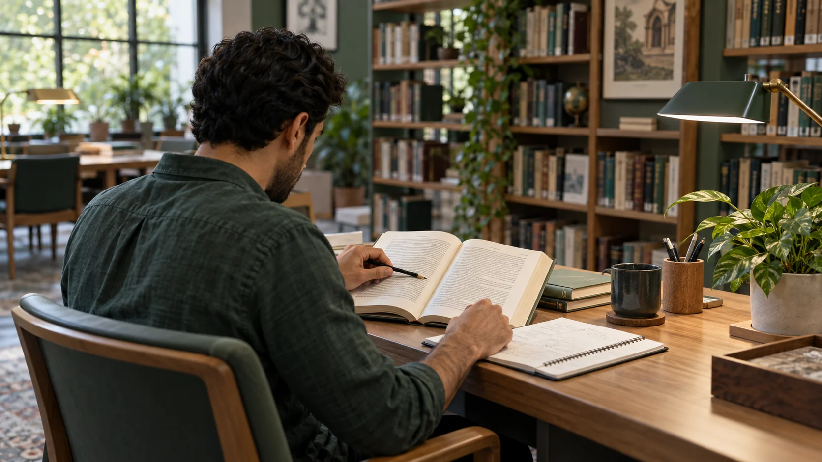 قارئ يدون ملاحظات أثناء دراسة نص في مكتبة