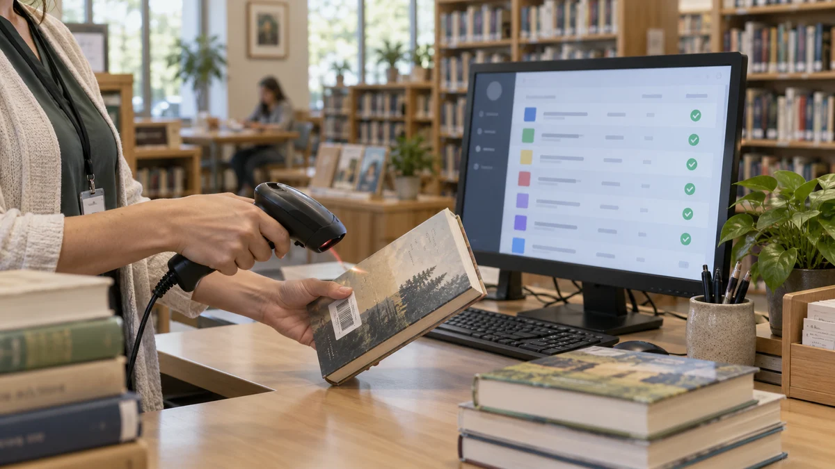 مشهد مولد لمسح رمز كتاب في مكتبة بجوار حاسوب يعرض جدولًا تخيليًا