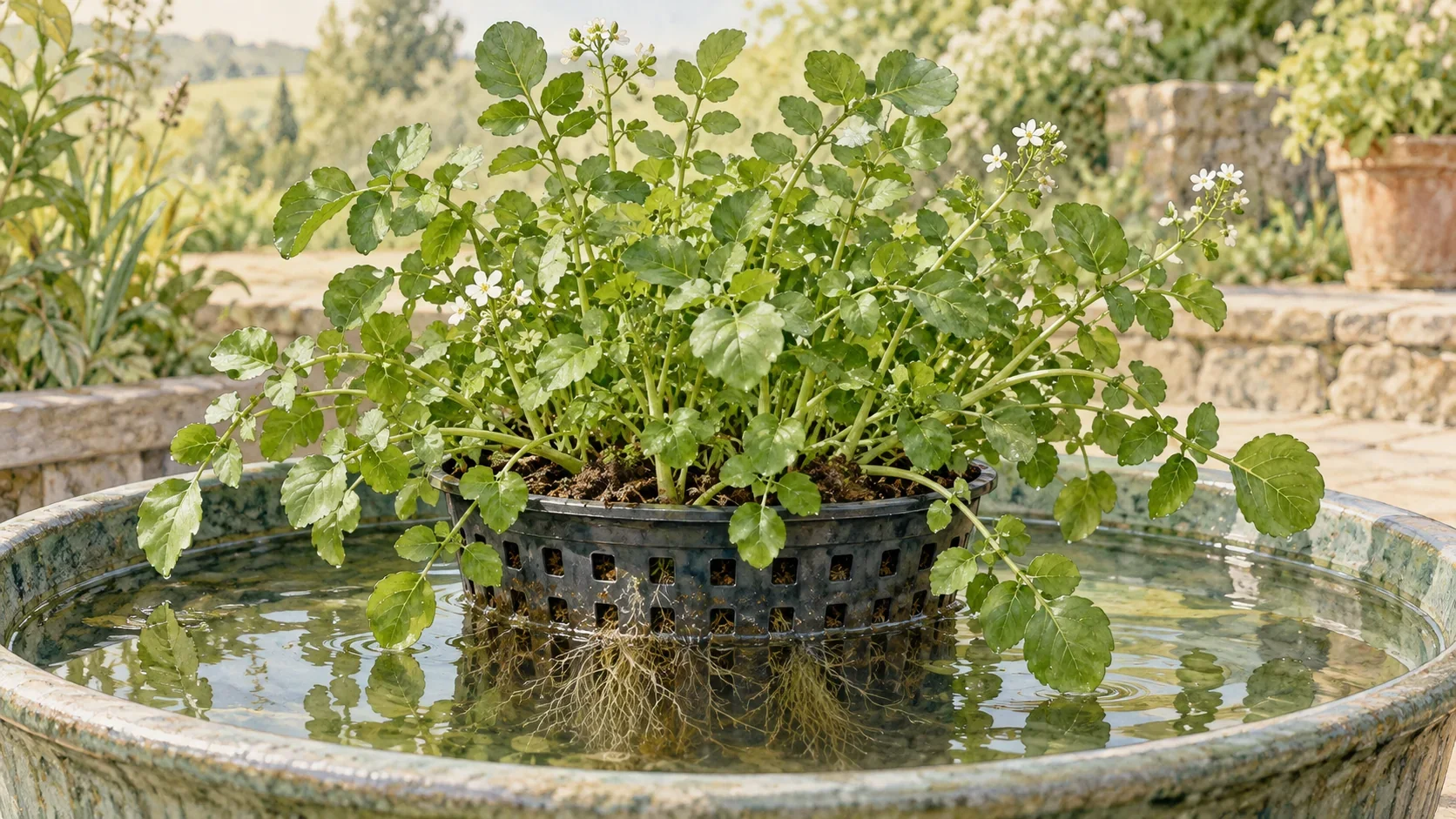جرجير ماء أخضر في أصيص داخل حوض ماء