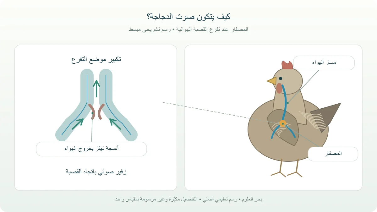رسم تشريحي مبسط للمصفار في الدجاجة، مع أسهم تصعد من الشعبتين إلى القصبة خلال الزفير الصوتي