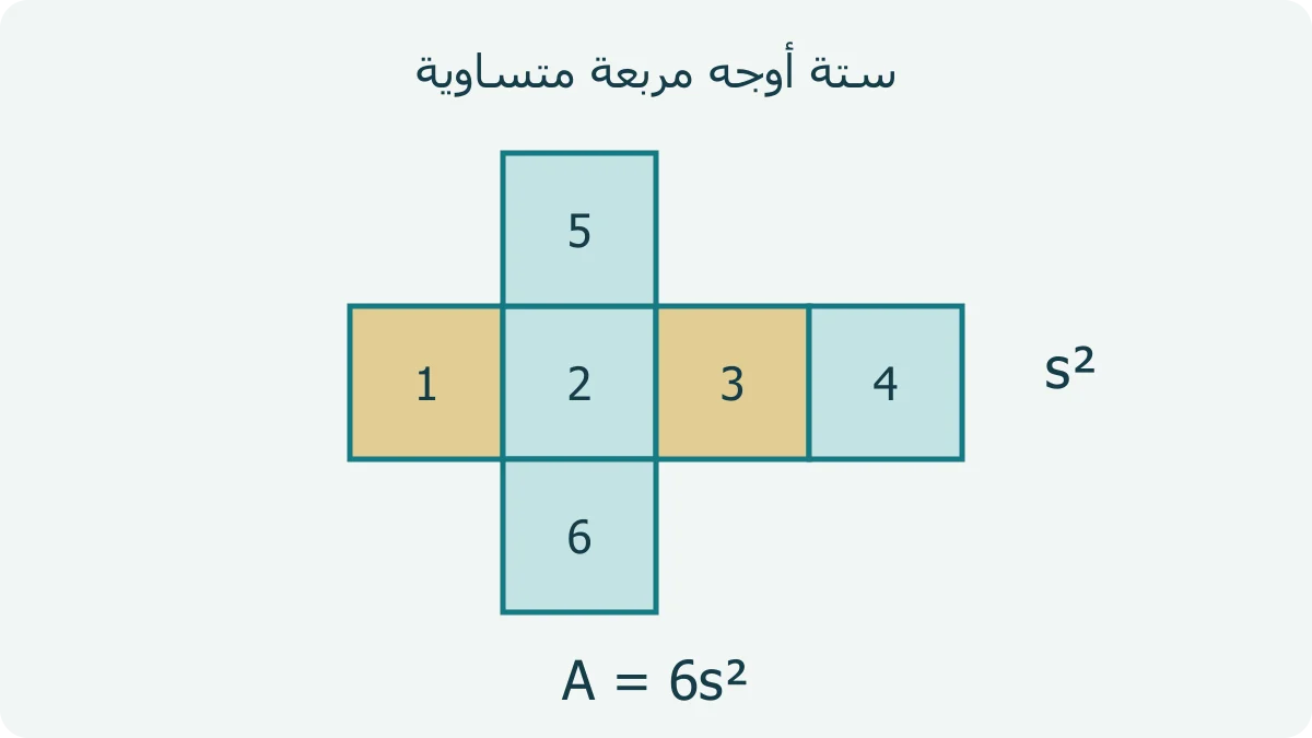 شبكة مكعب من ستة مربعات متساوية؛ أربعة مربعات في صف، ومربع فوق الثاني وآخر تحته، لتوضيح الأوجه الستة للمساحة الكلية