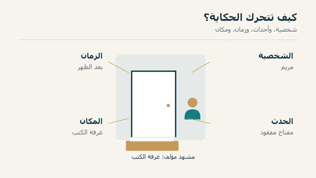 عناصر الحكاية حول مشهد باب ومفتاح وصندوق كتب