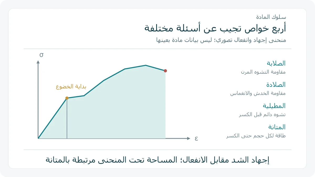 منحنى إجهاد وانفعال تصوري مع تمييز أربع خواص ميكانيكية
