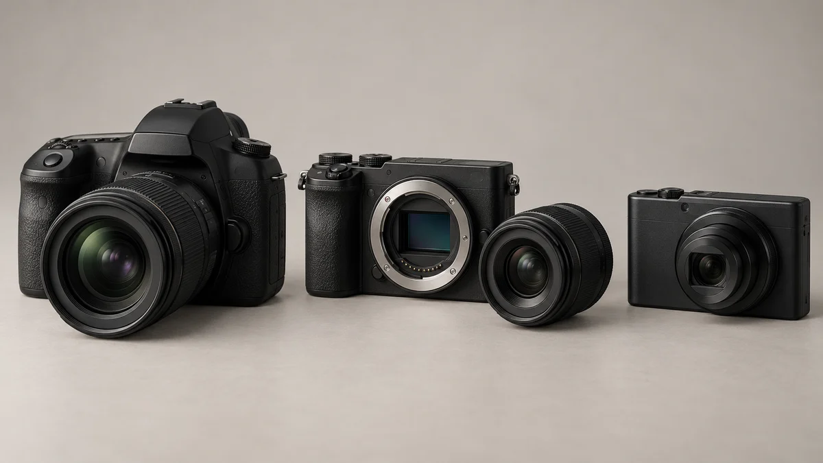 ثلاثة أشكال تخيلية لكاميرا DSLR وكاميرا دون مرآة وكاميرا مدمجة على سطح فاتح