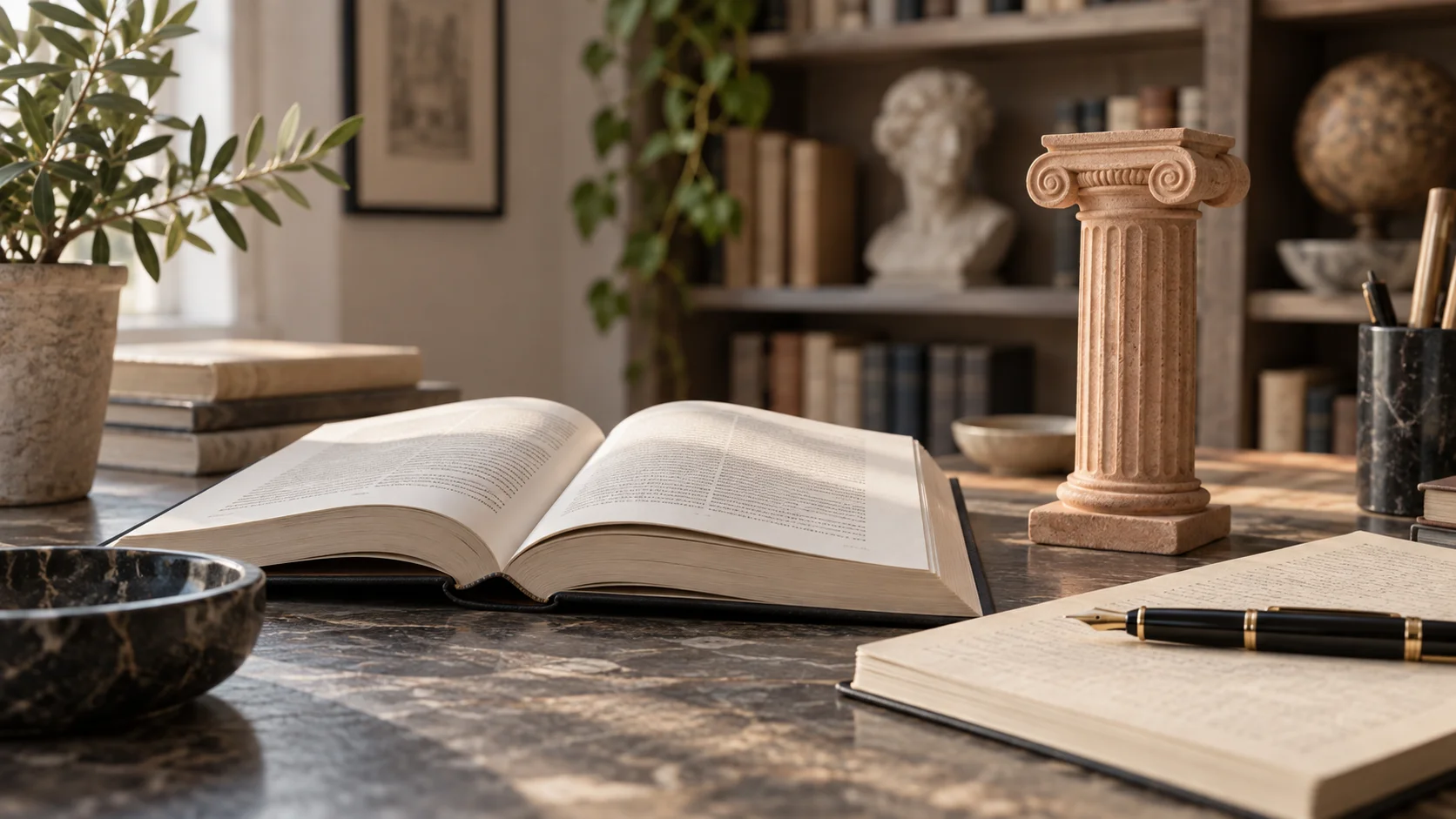كتاب دراسي مفتوح وقلم ومجسم عمود صغير على مكتب