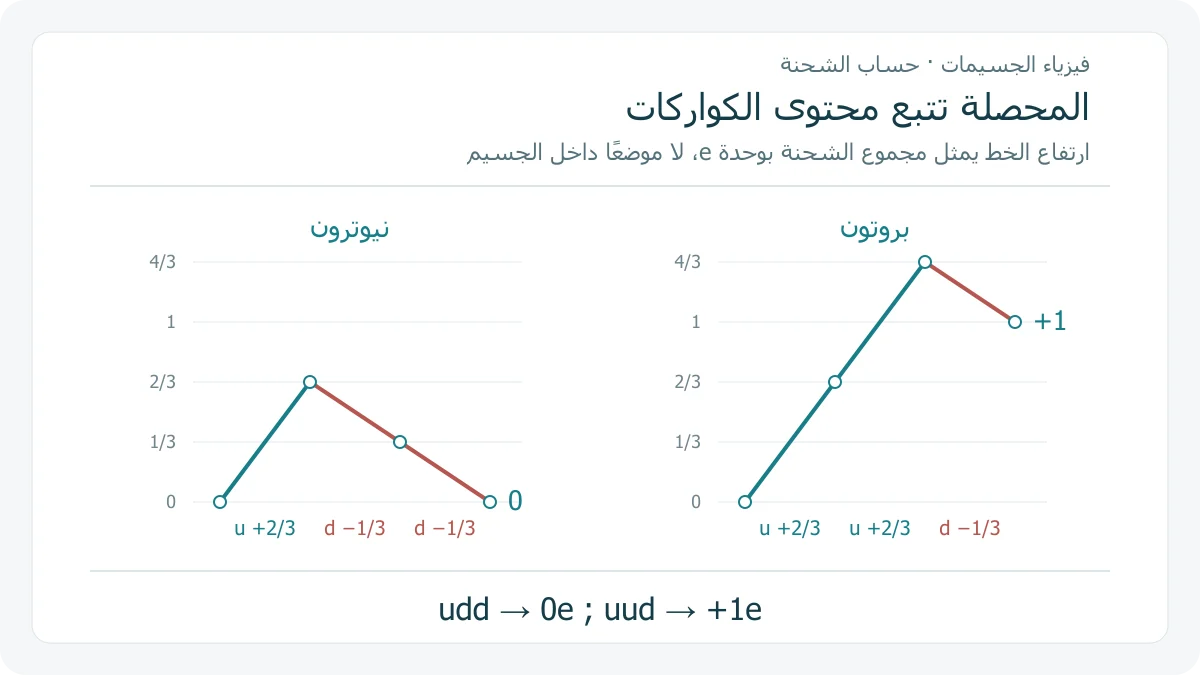 مخططان أصليان على مقياس رأسي مشترك يجمعان شحنات الكواركات: في النيوترون 0 ثم 2/3 ثم 1/3 ثم 0، وفي البروتون 0 ثم 2/3 ثم 4/3 ثم 1 بوحدة الشحنة الأساسية