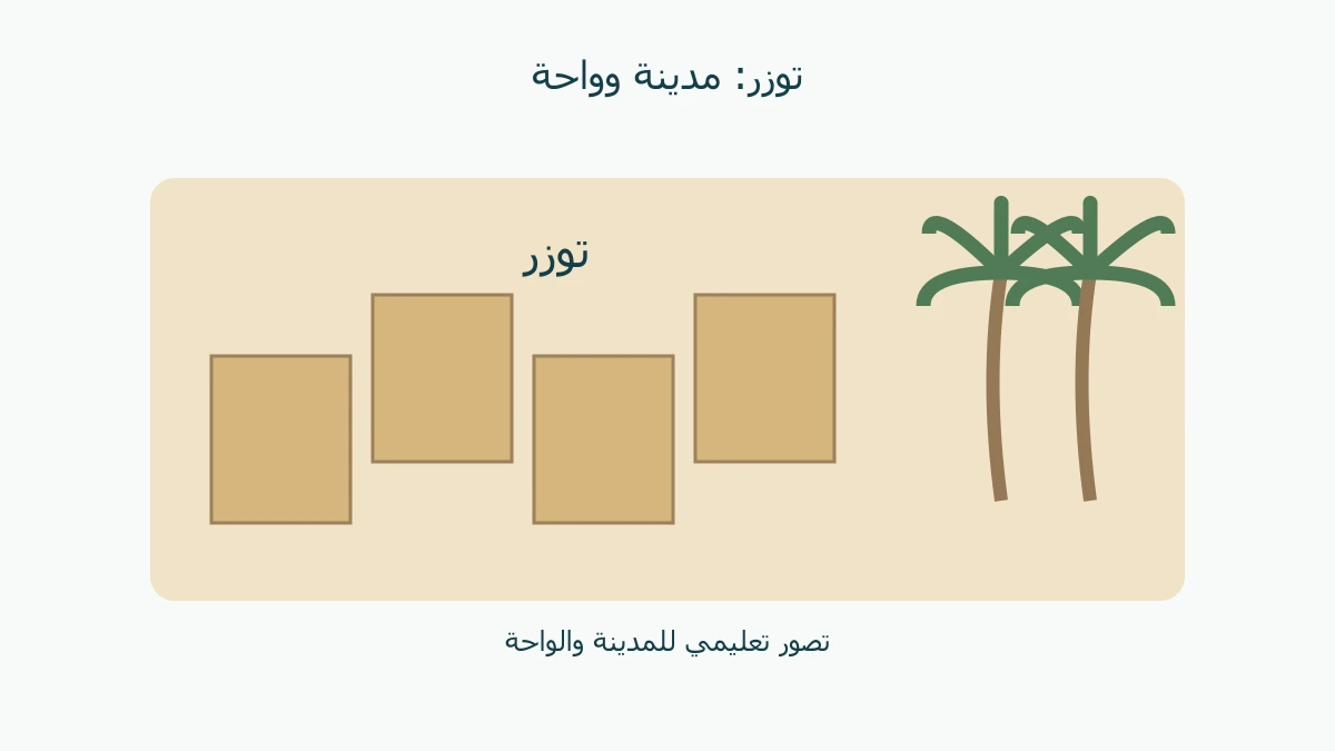 مبان رمزية بجوار نخيل مع اسم توزر