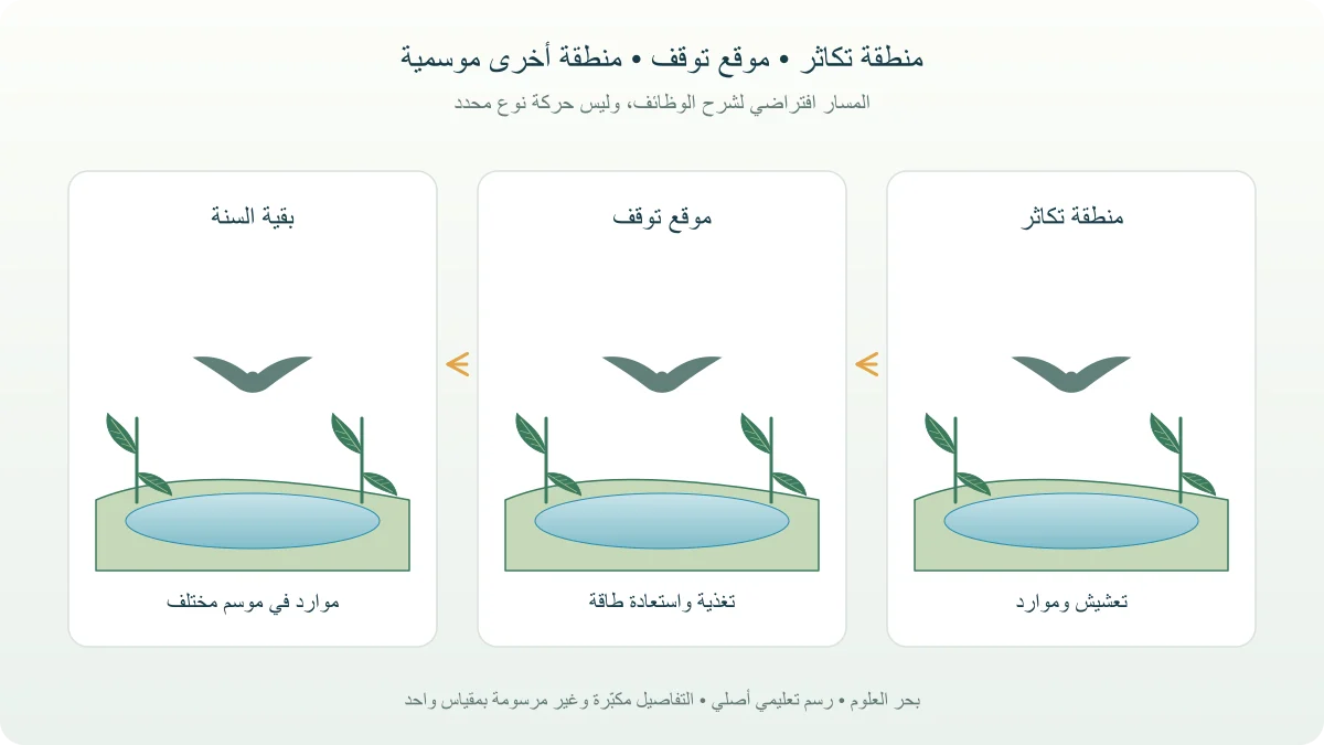 رسم يوضح منطقتي تكاثر وقضاء بقية السنة وبينهما موقع توقف على مسار رحلة